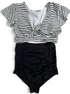 Cocoship Medium Retro Black White Stripe‎ Tie Front Bikini Set High Waist